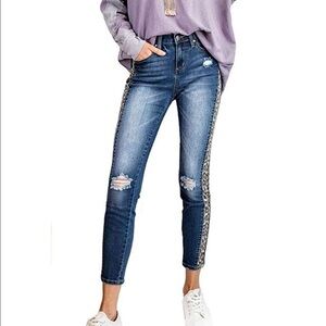 Easel Denim Blue Jeans With Leopard Print Side Detailing Size S NWT